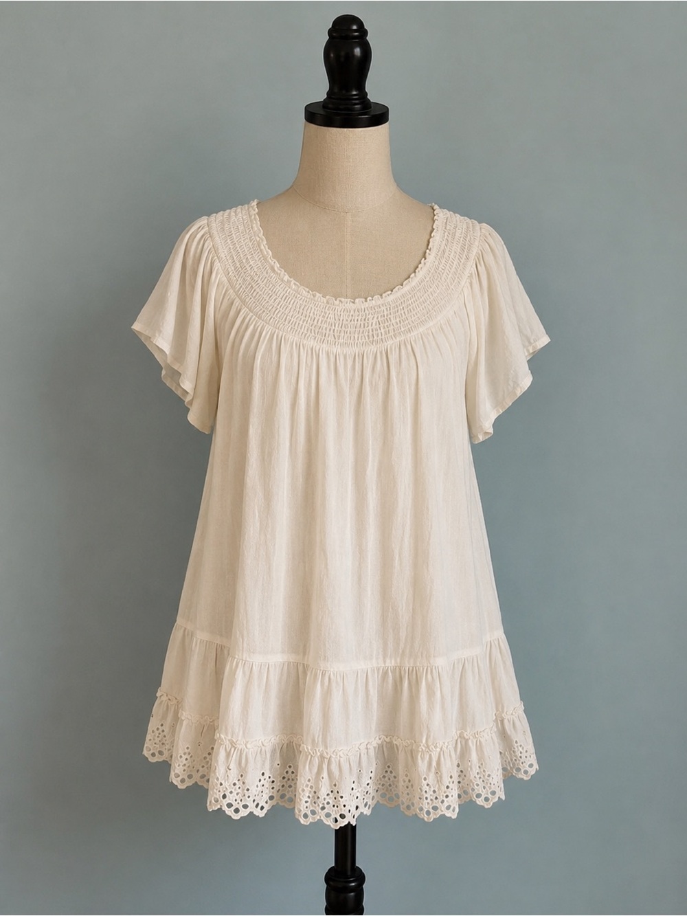Boho Cream Eyelet-Hem Peasant Tunic